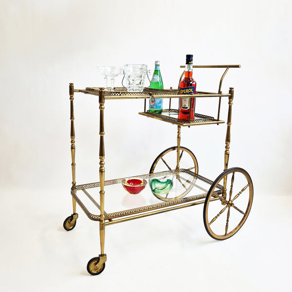 Mid-century brass serving trolley with tray