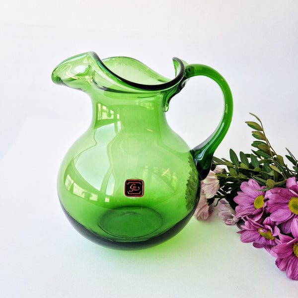 Vintage Italian green glass jug with undulating lip