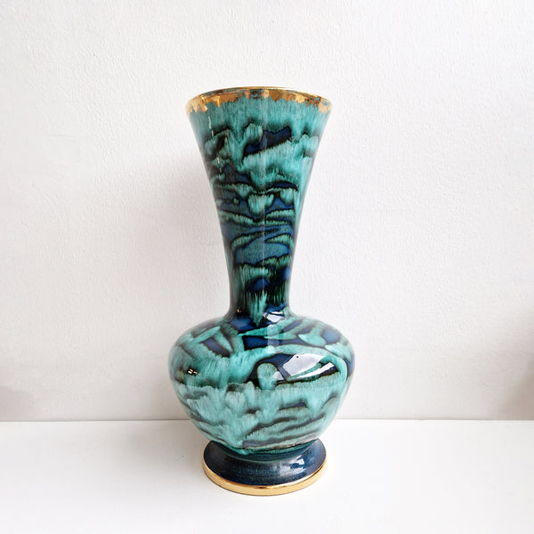 Large 1950s ceramic blue vase with gold details