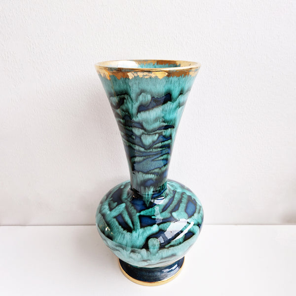 Large 1950s ceramic blue vase with gold details