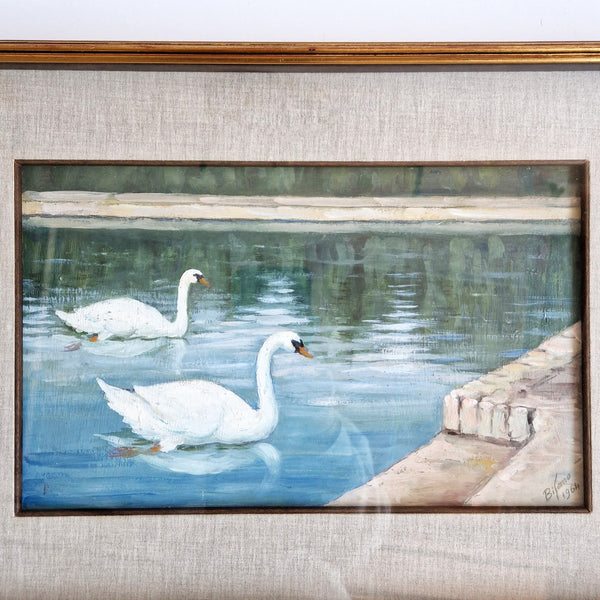 Vintage Italian oil paintings of two swans