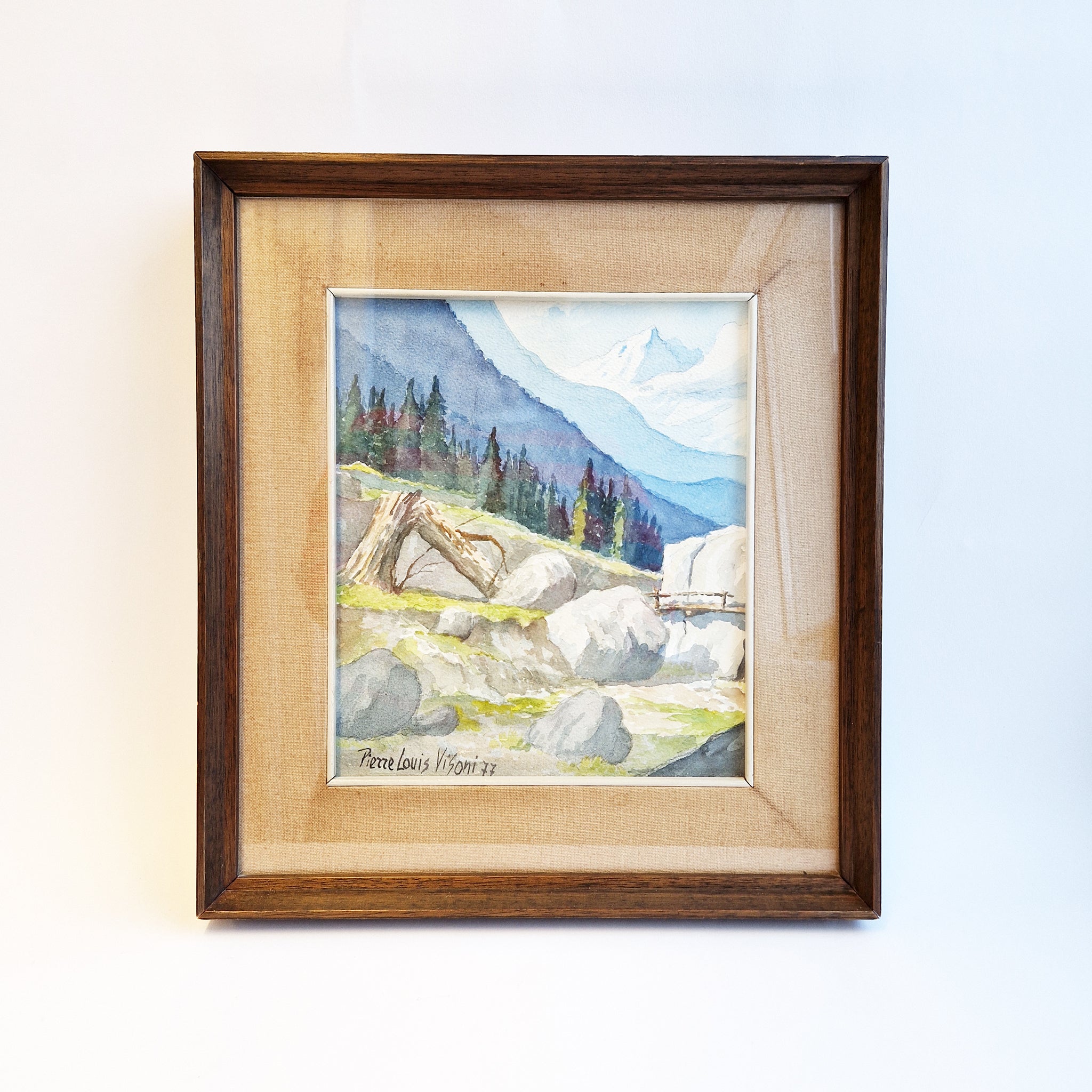 1977 Alpine landscape watercolor by Pierre Louis Visoni