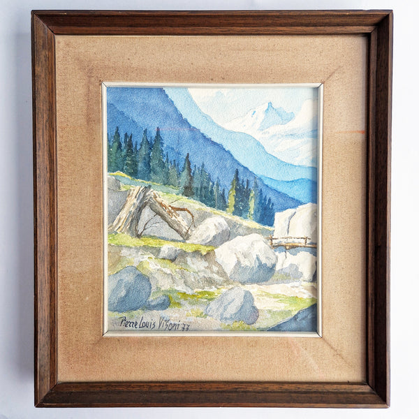 1977 Alpine landscape watercolor by Pierre Louis Visoni