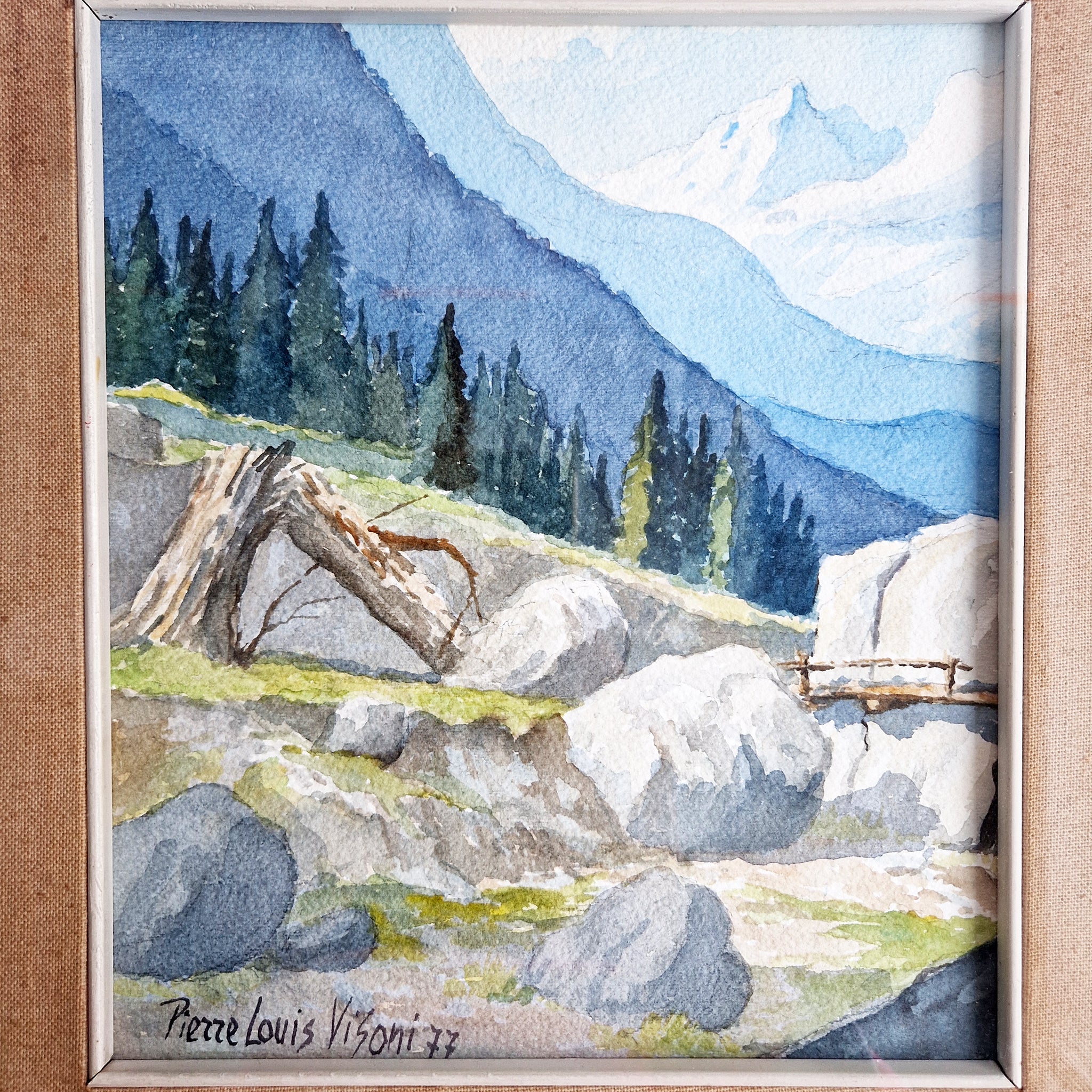 1977 Alpine landscape watercolor by Pierre Louis Visoni