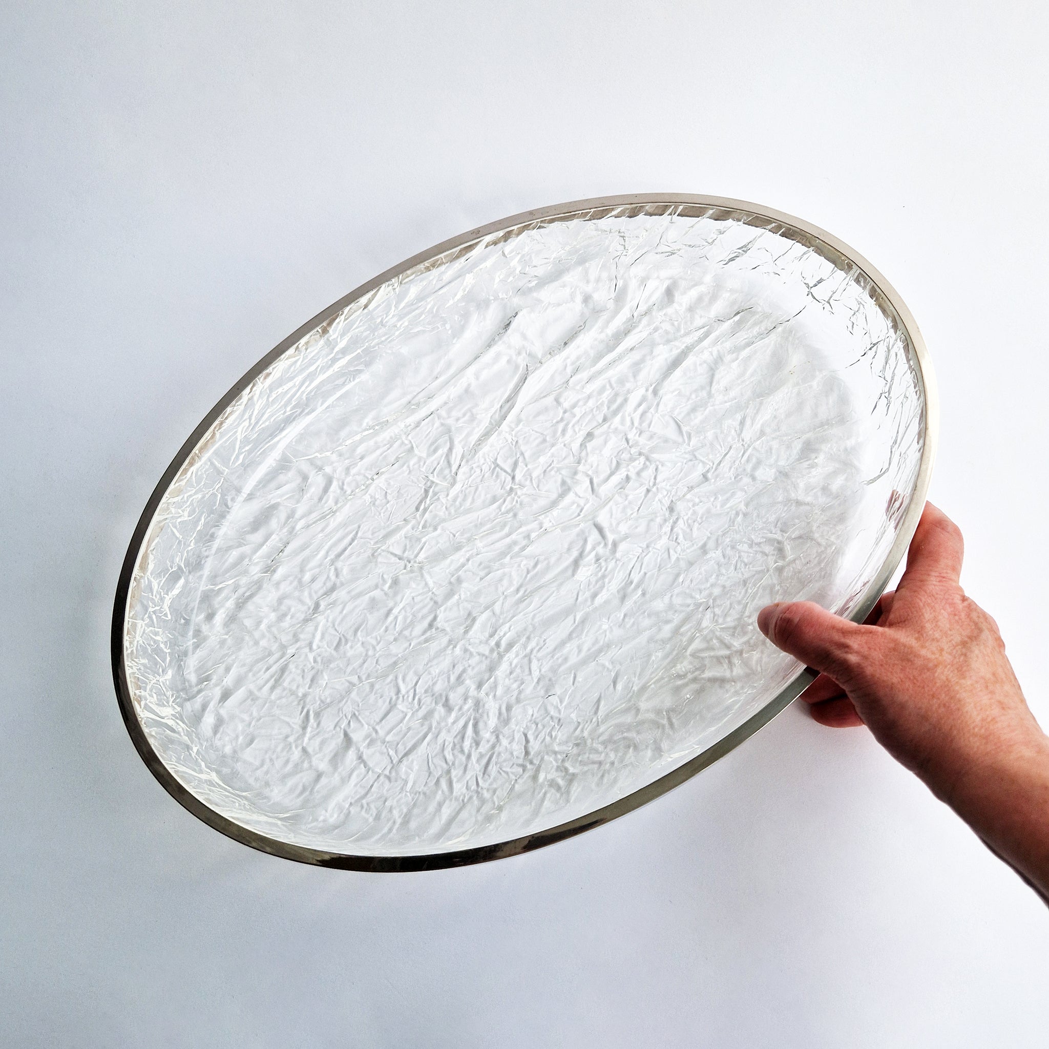 1980s acrylic ice and silver-plated oval tray by Ulderico Cavinato