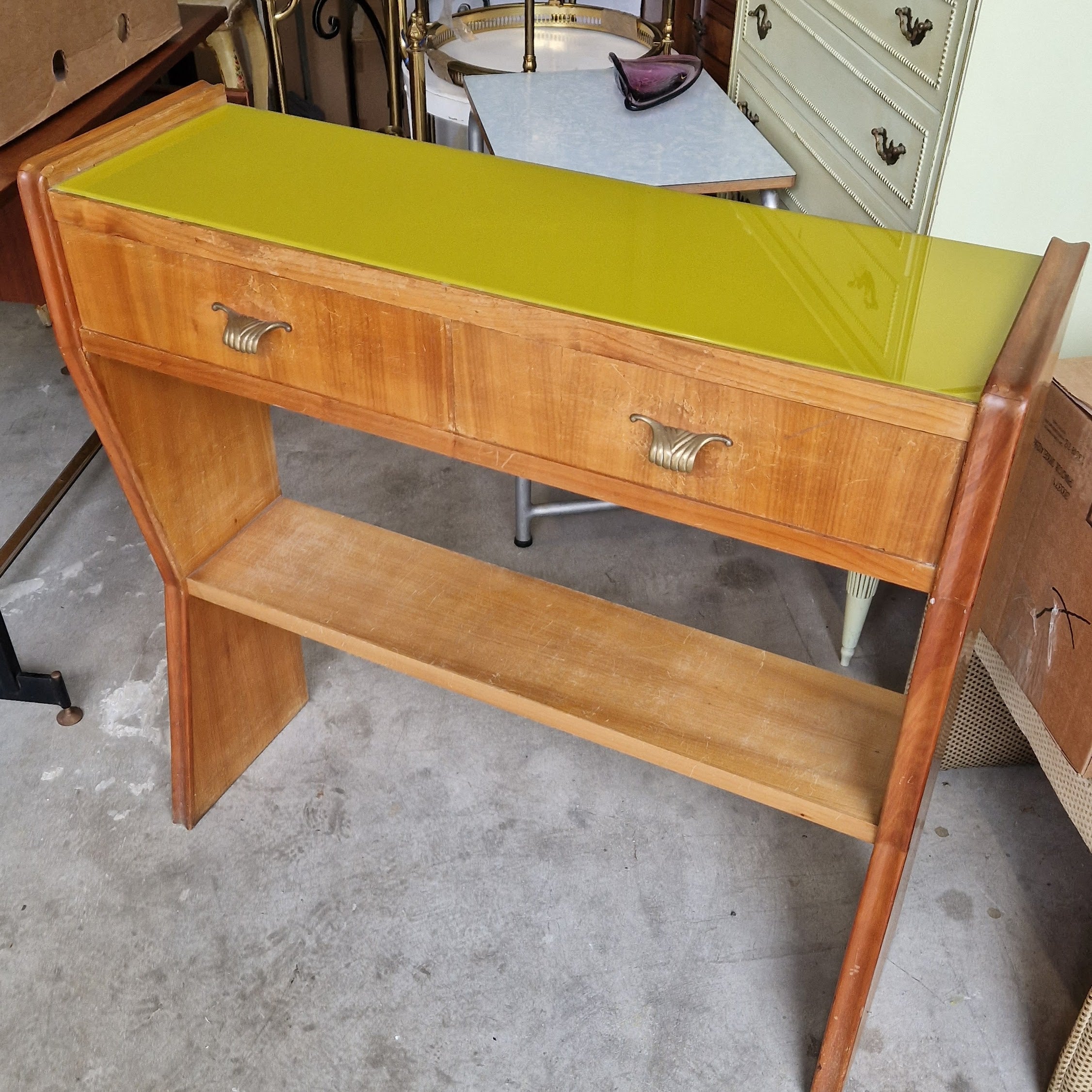 Mid-century Italian console table with yellow glass top