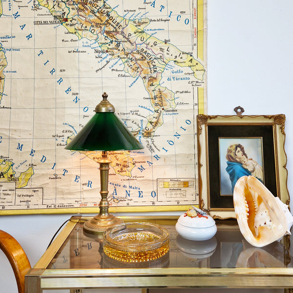 Vintage brass table lamp with emerald shade