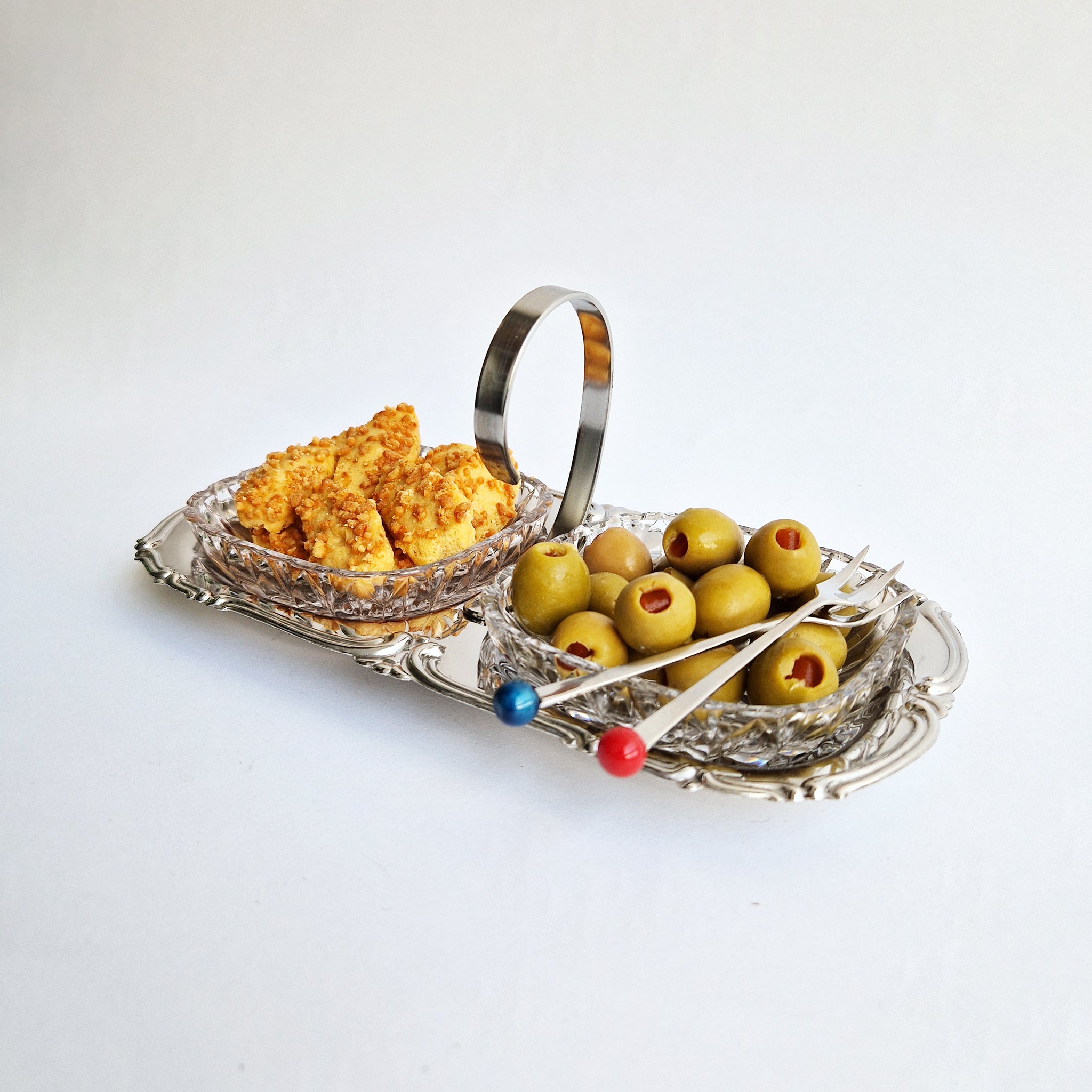 Mid-century antipasti crystal and stainless steel dish