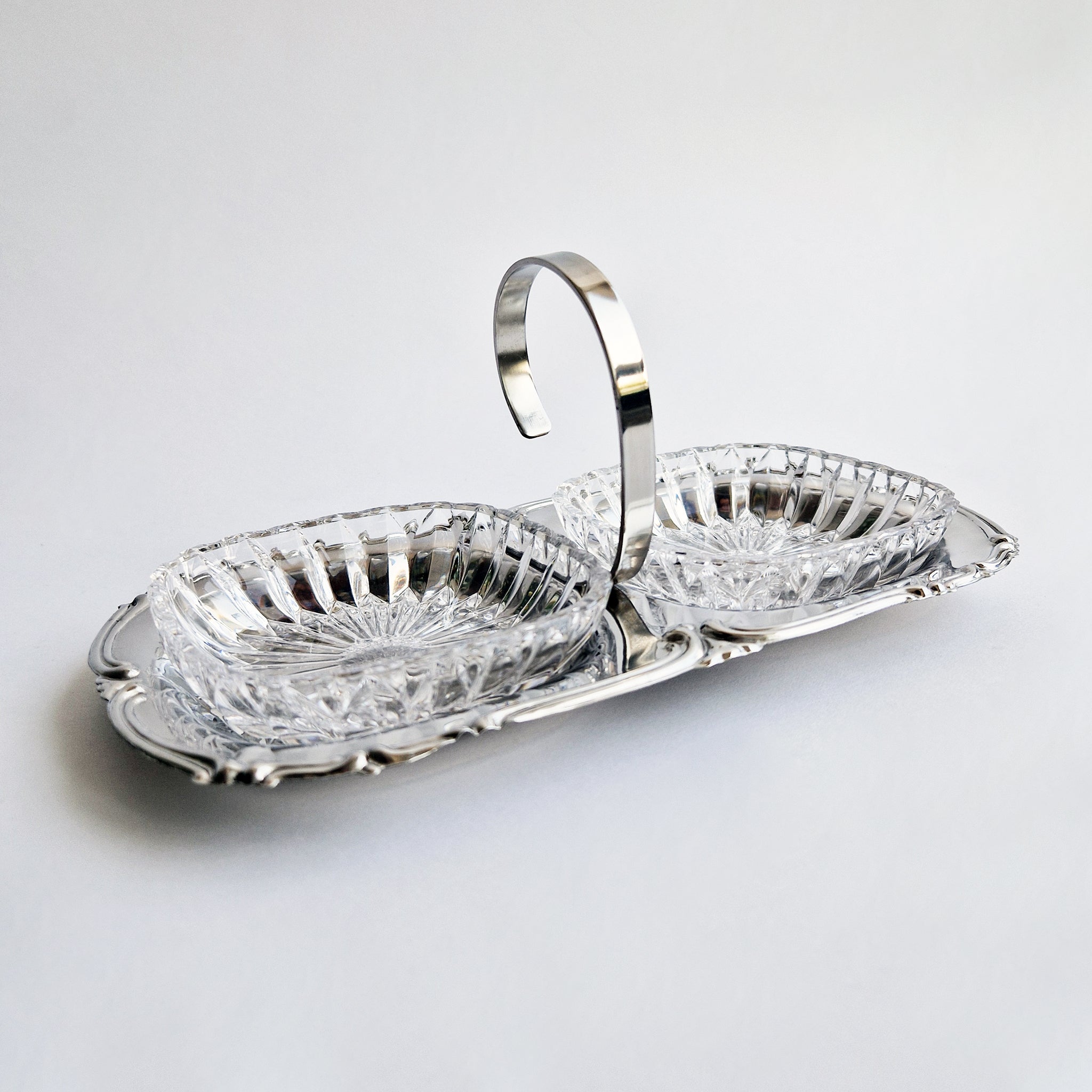 Mid-century antipasti crystal and stainless steel dish