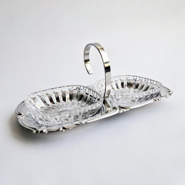 Mid-century antipasti crystal and stainless steel dish