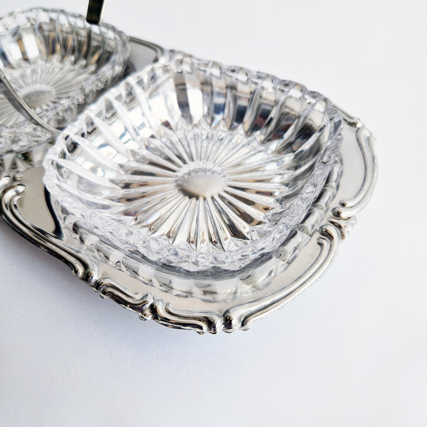Mid-century antipasti crystal and stainless steel dish