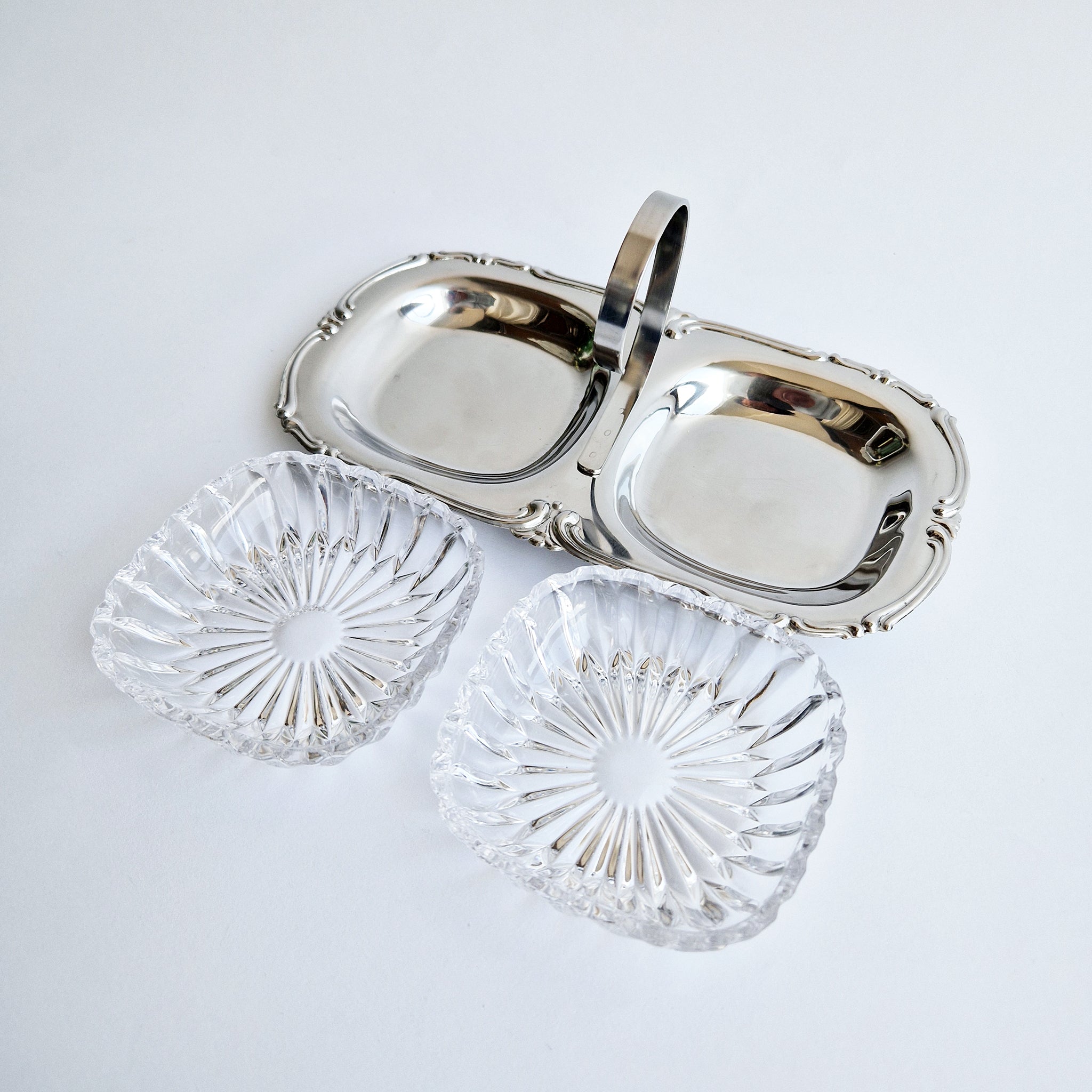Mid-century antipasti crystal and stainless steel dish