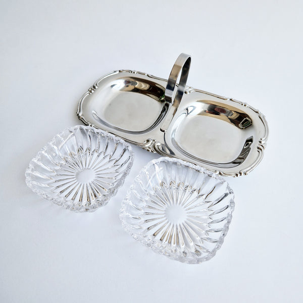 Mid-century antipasti crystal and stainless steel dish