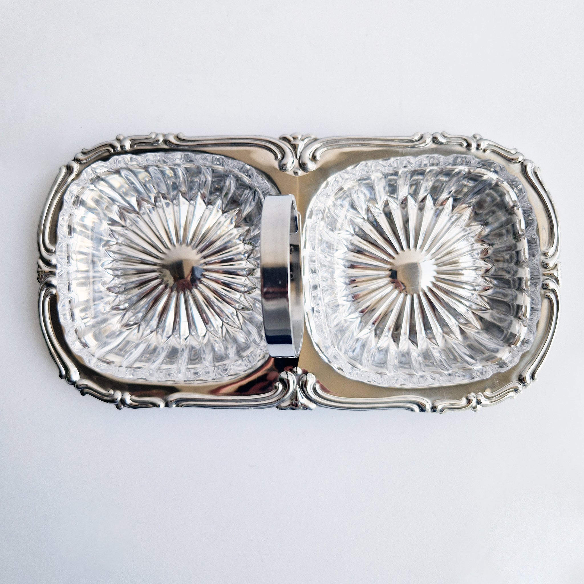 Mid-century antipasti crystal and stainless steel dish