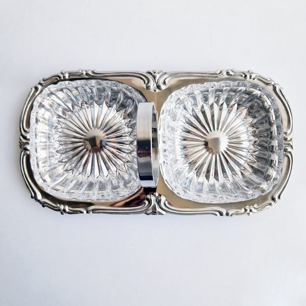 Mid-century antipasti crystal and stainless steel dish