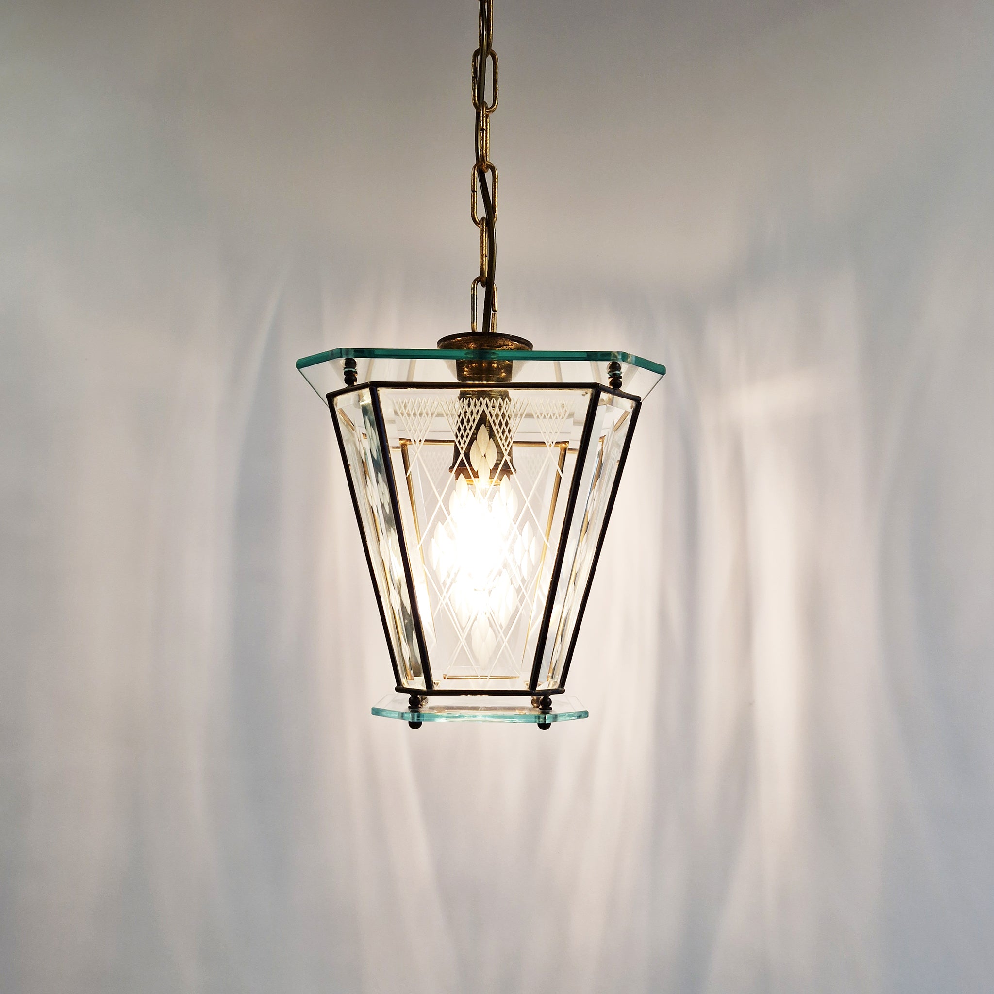 Mid-century Italian etched glass and brass lantern