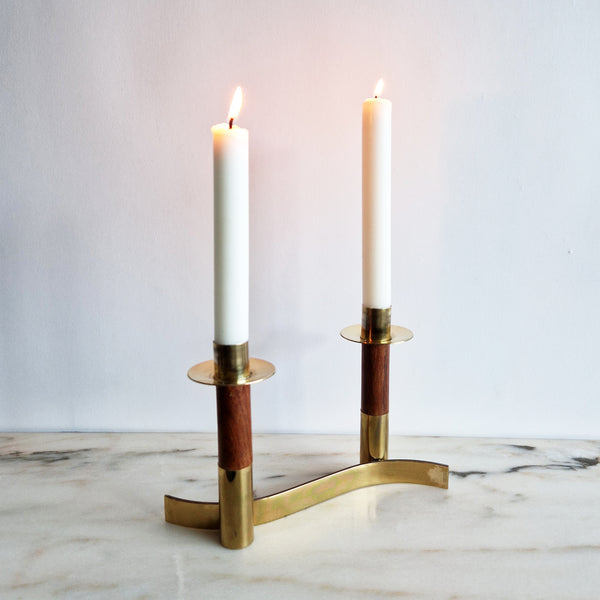 Mid-century Italian brass and wood candle holder