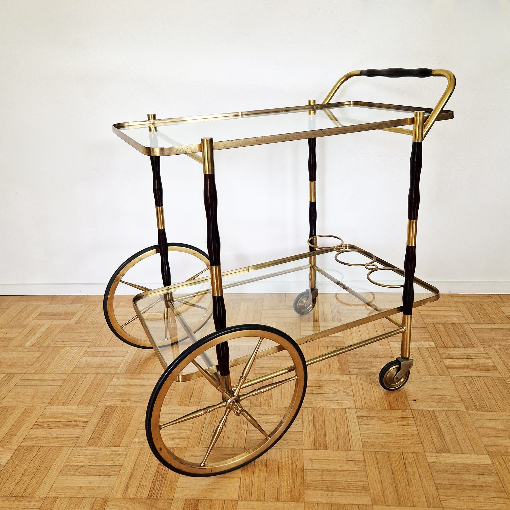 Mid-century Italian wood and brass serving trolley