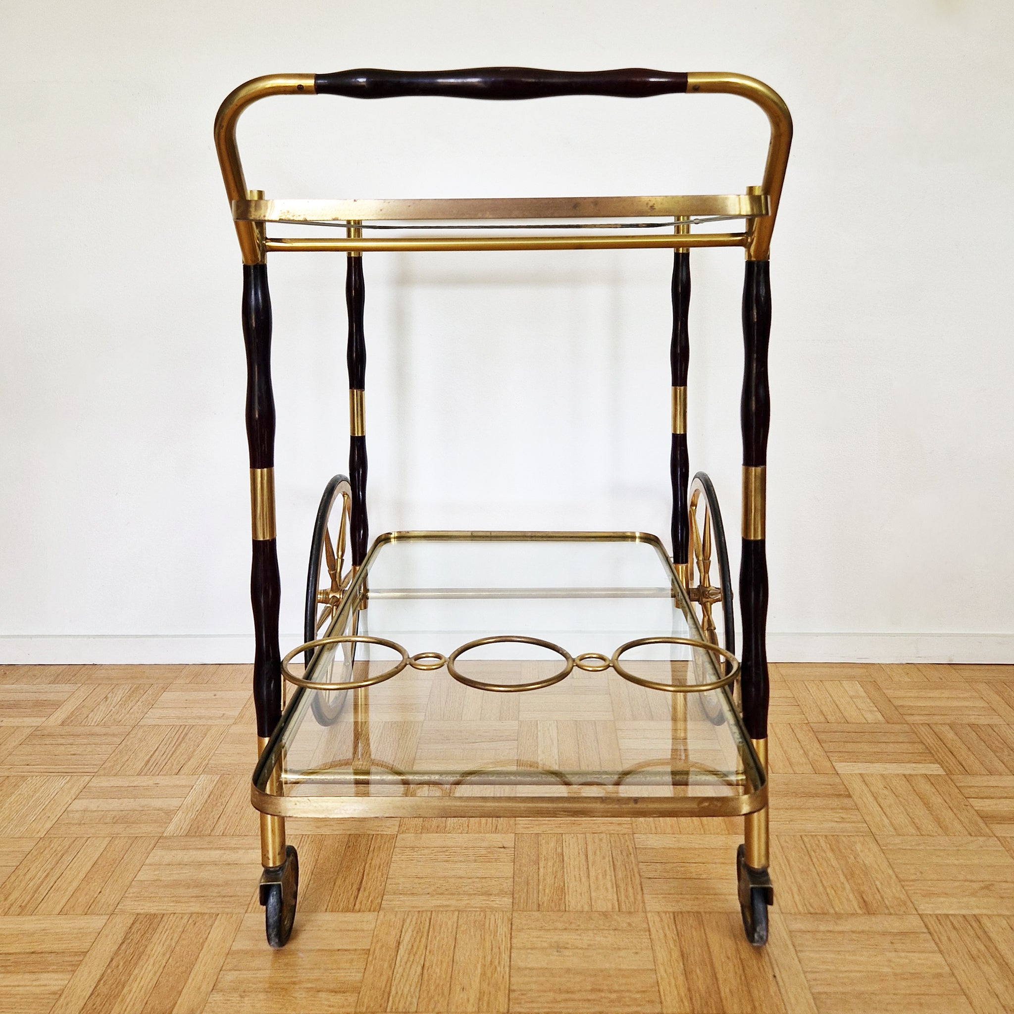Mid-century Italian wood and brass serving trolley