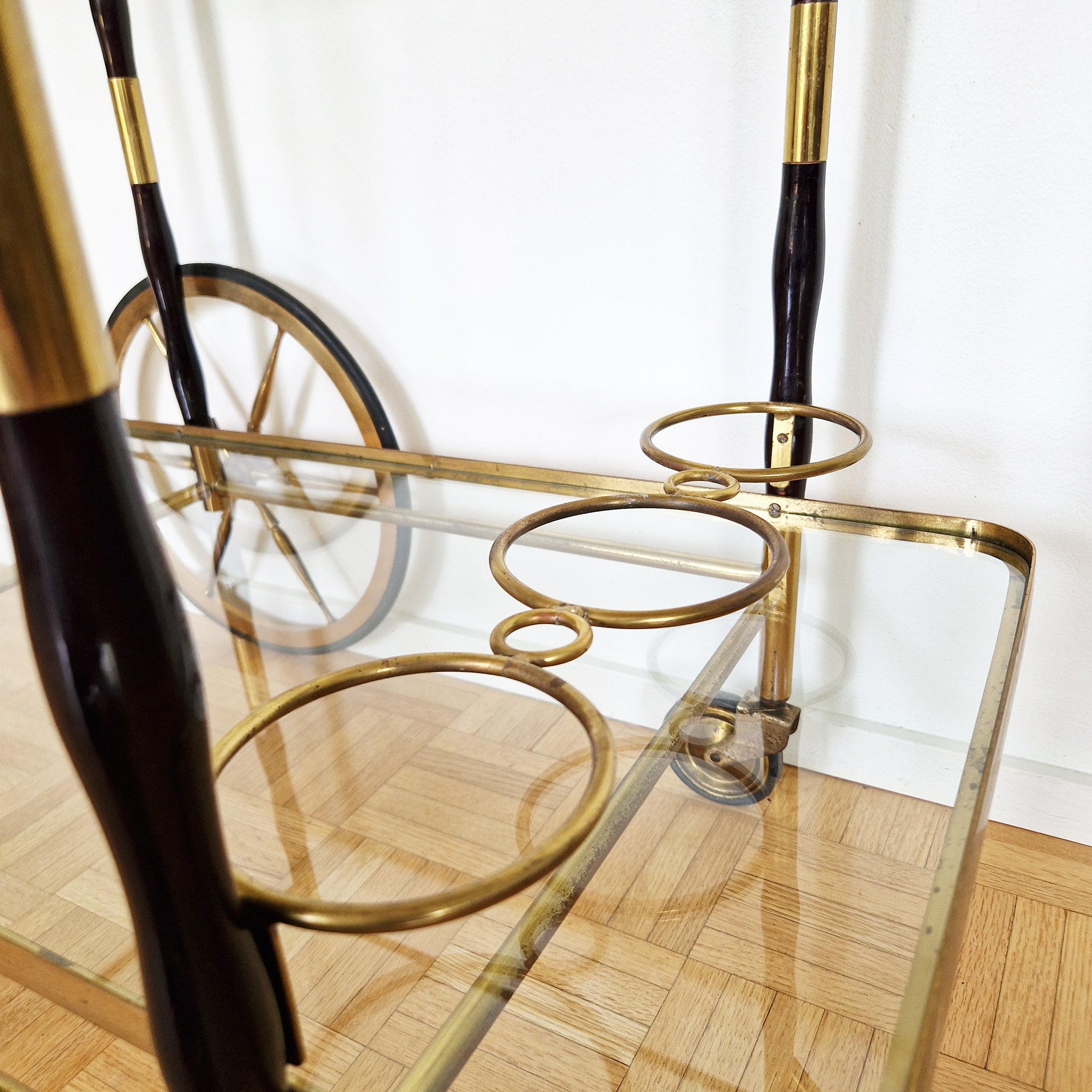 Mid-century Italian wood and brass serving trolley