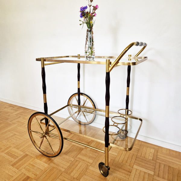 Mid-century Italian wood and brass serving trolley