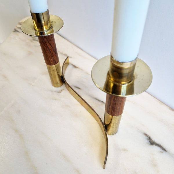 Mid-century Italian brass and wood candle holder