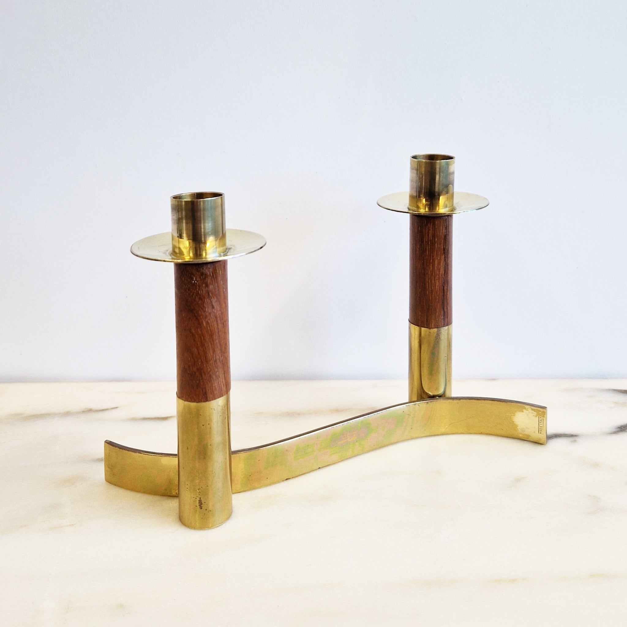 Mid-century Italian brass and wood candle holder