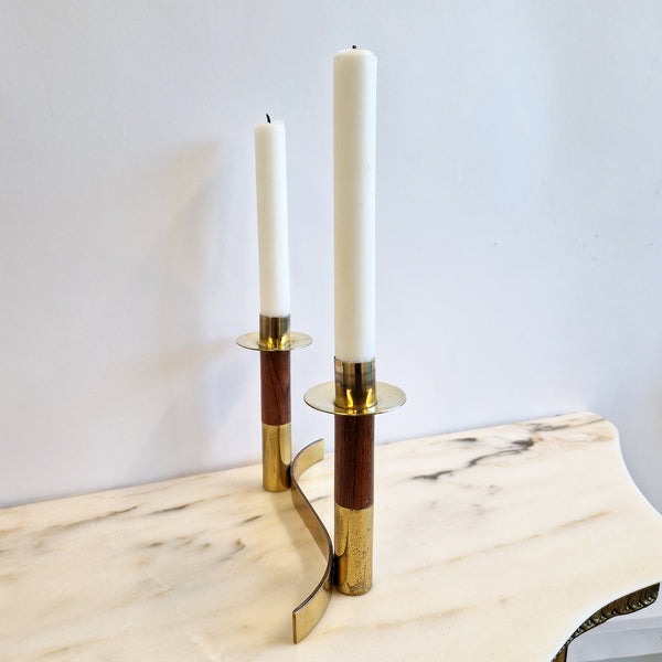 Mid-century Italian brass and wood candle holder