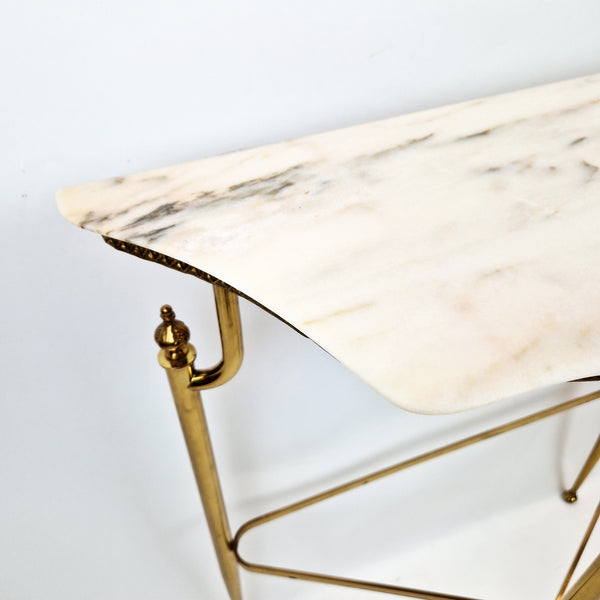 Italian mid-century console table with Portuguese pink marble and brass frame