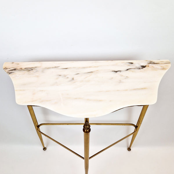 Italian mid-century console table with Portuguese pink marble and brass frame