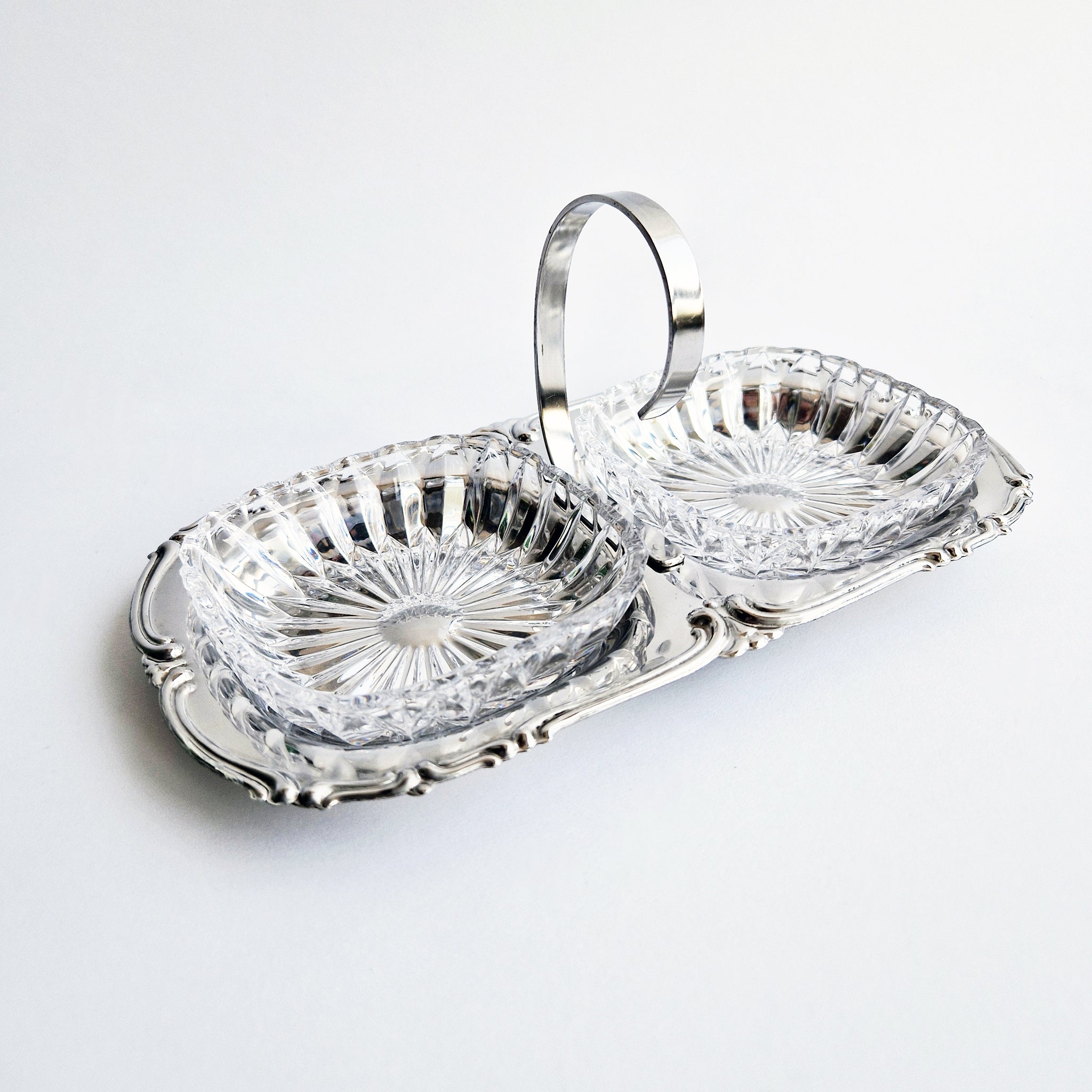 Mid-century antipasti crystal and stainless steel dish