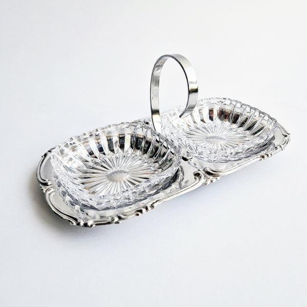 Mid-century antipasti crystal and stainless steel dish
