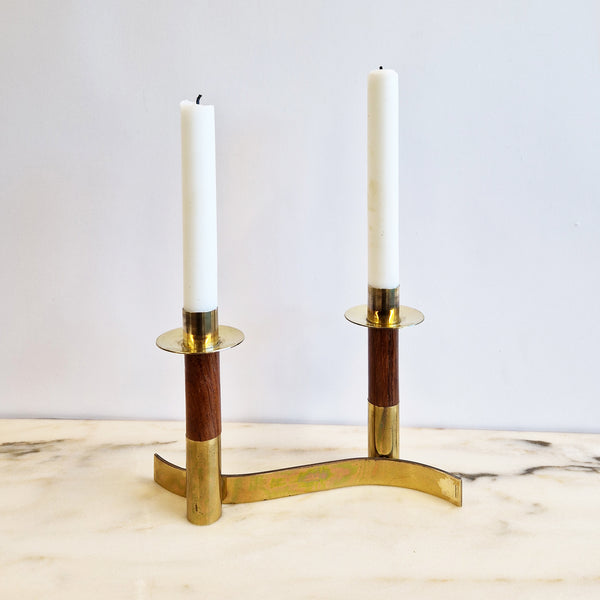 Mid-century Italian brass and wood candle holder