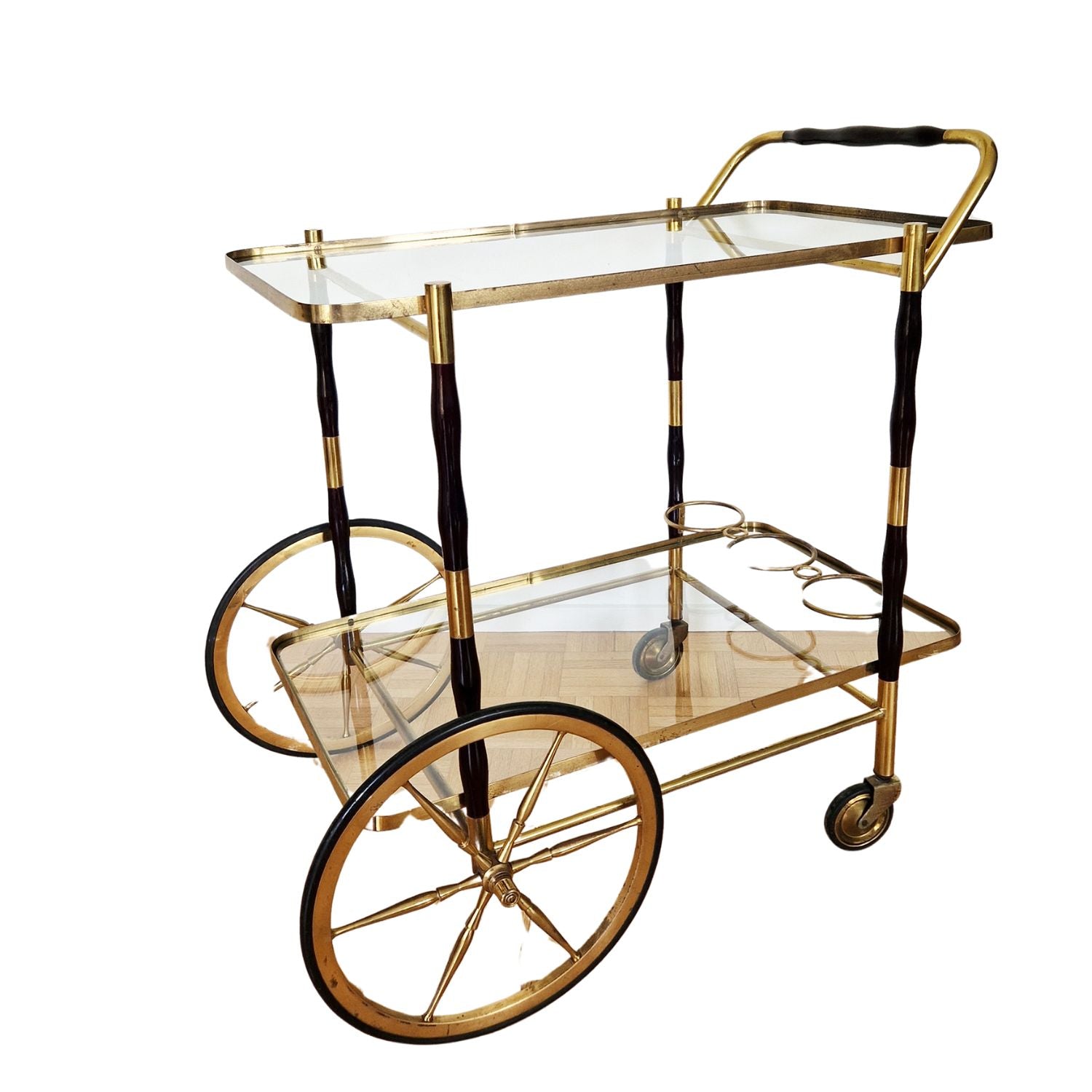 Mid-century Italian wood and brass serving trolley