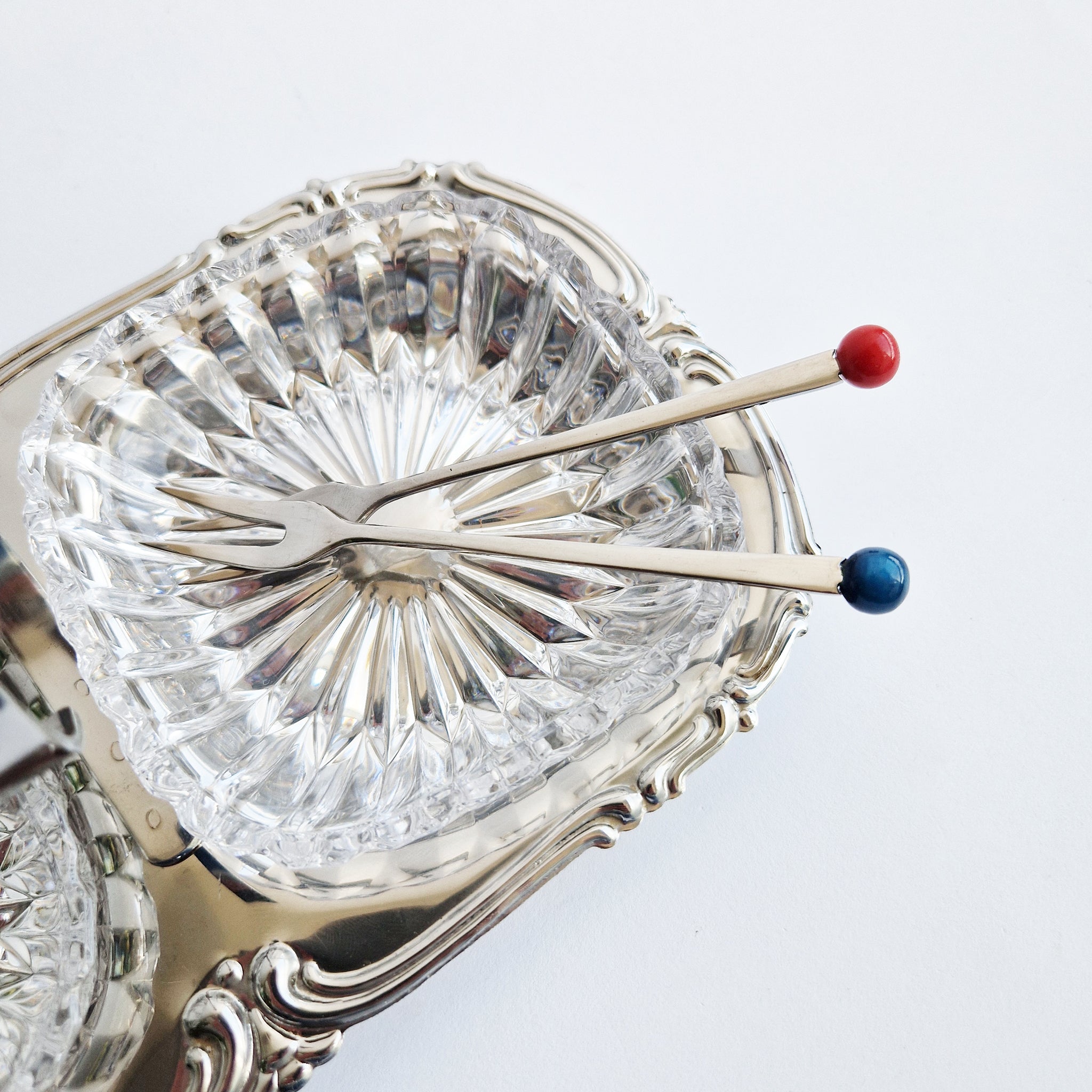 Mid-century antipasti crystal and stainless steel dish