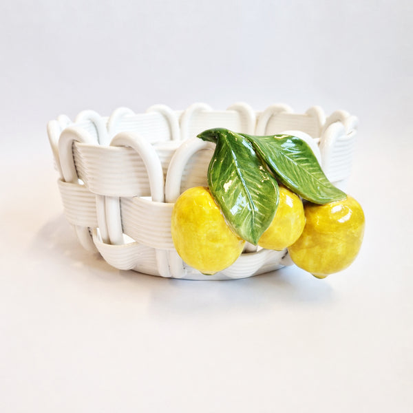 Vintage Italian ceramic woven bowl with lemons