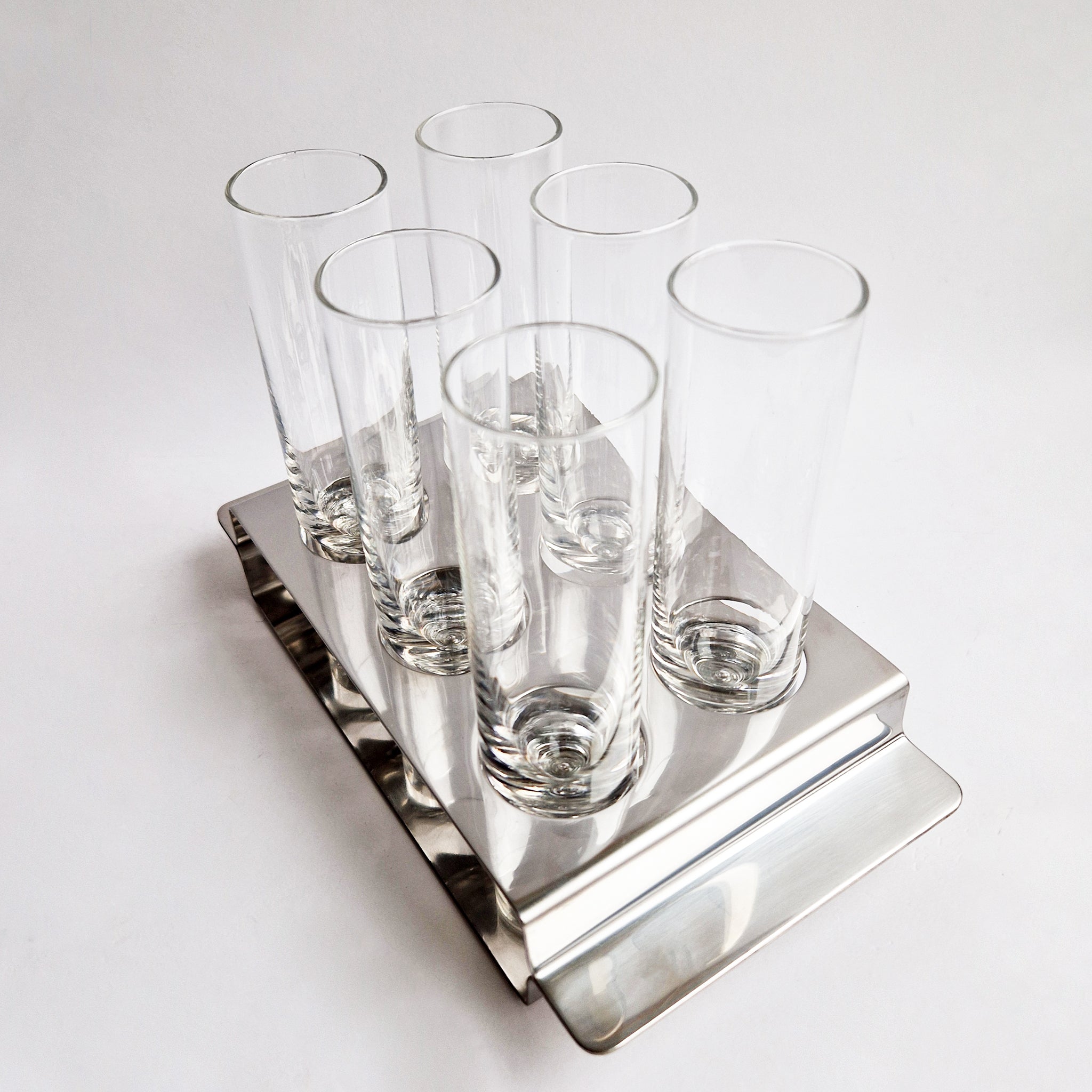 1970s cocktail glasses set in tray by Morinox
