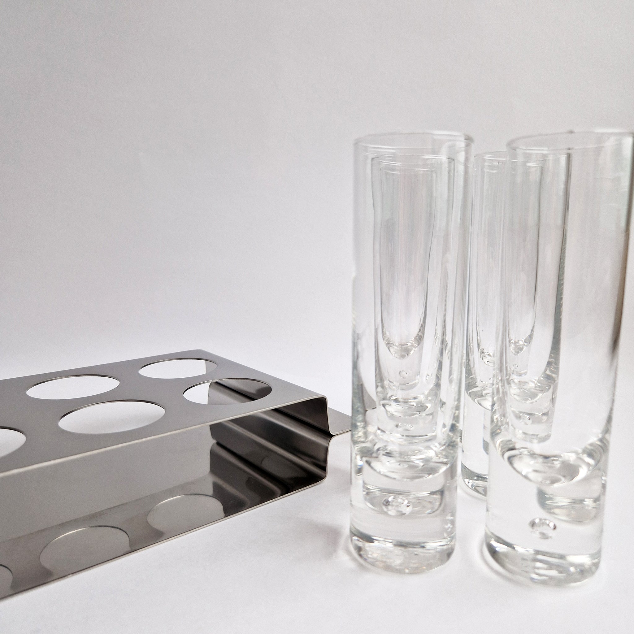 1970s cocktail glasses set in tray by Morinox
