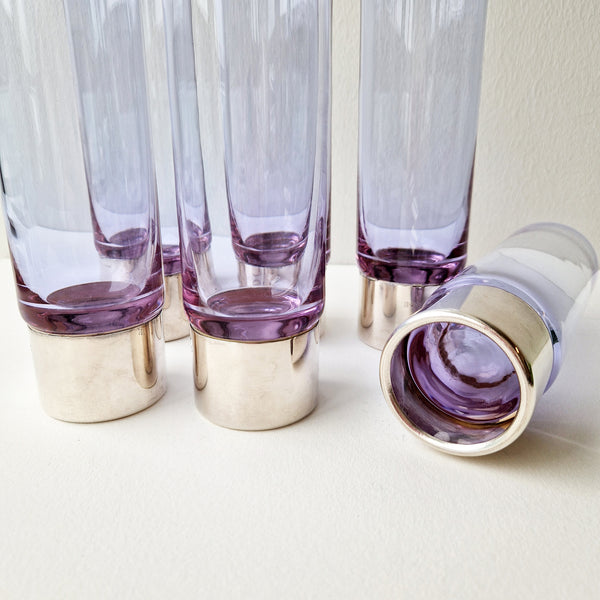 1970s Italian purple long drink glasses with silver-plated bases (set of 6)