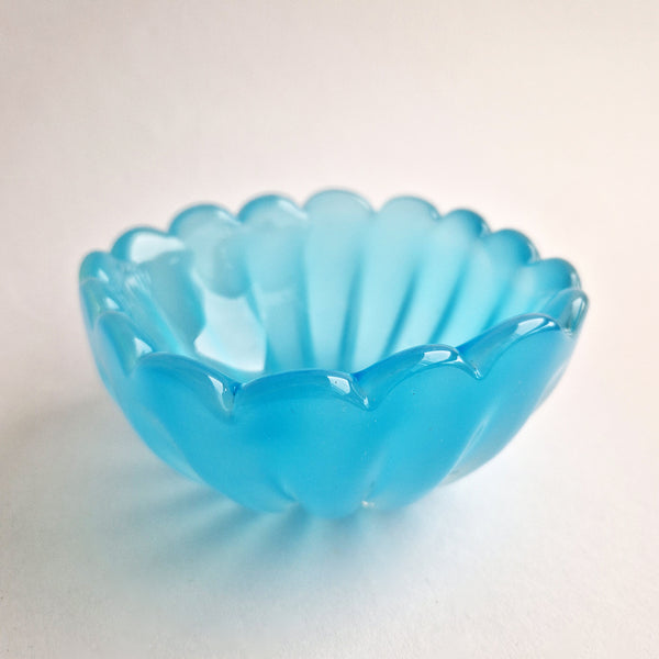 Vintage Murano blue glass bowl with scalloped edge