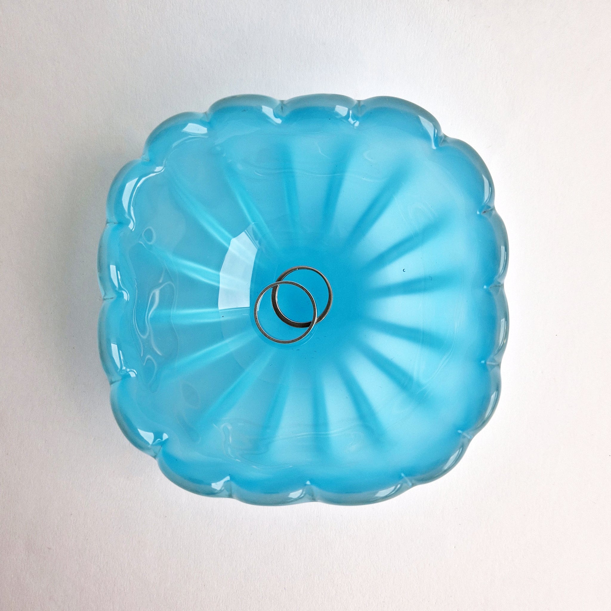 Vintage Murano blue glass bowl with scalloped edge