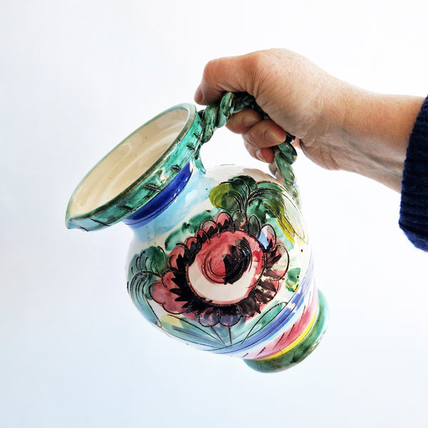 Vintage Italian maiolica jug with braided handle