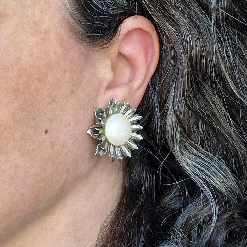 Vintage Italian pearl flower clip earrings