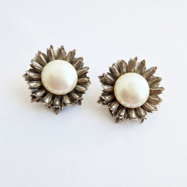 Vintage Italian pearl flower clip earrings