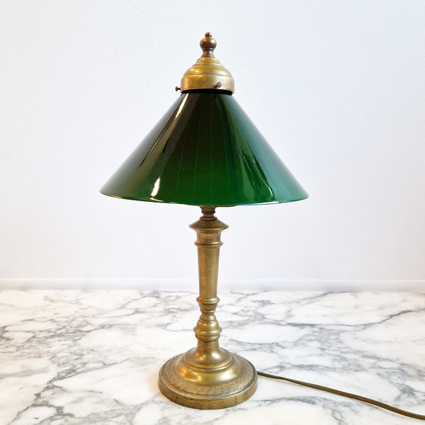 Vintage brass table lamp with emerald shade