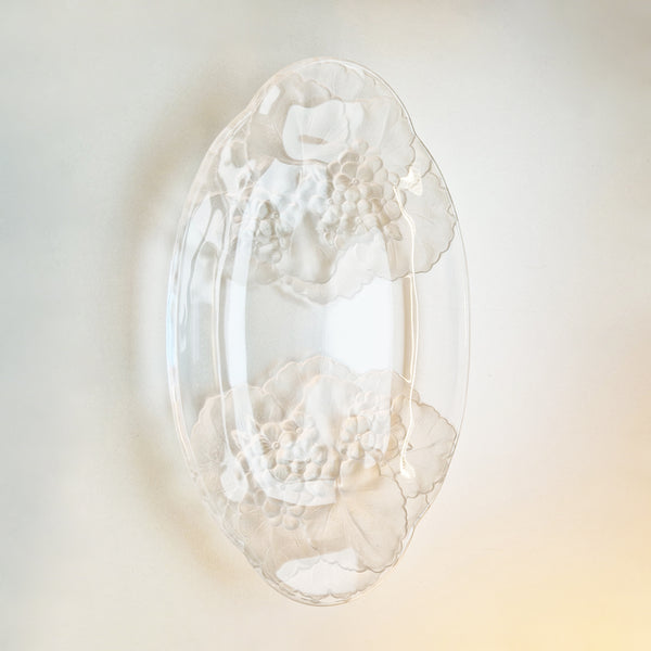 Vintage crystal oval dish with frosted flowers by Hoya