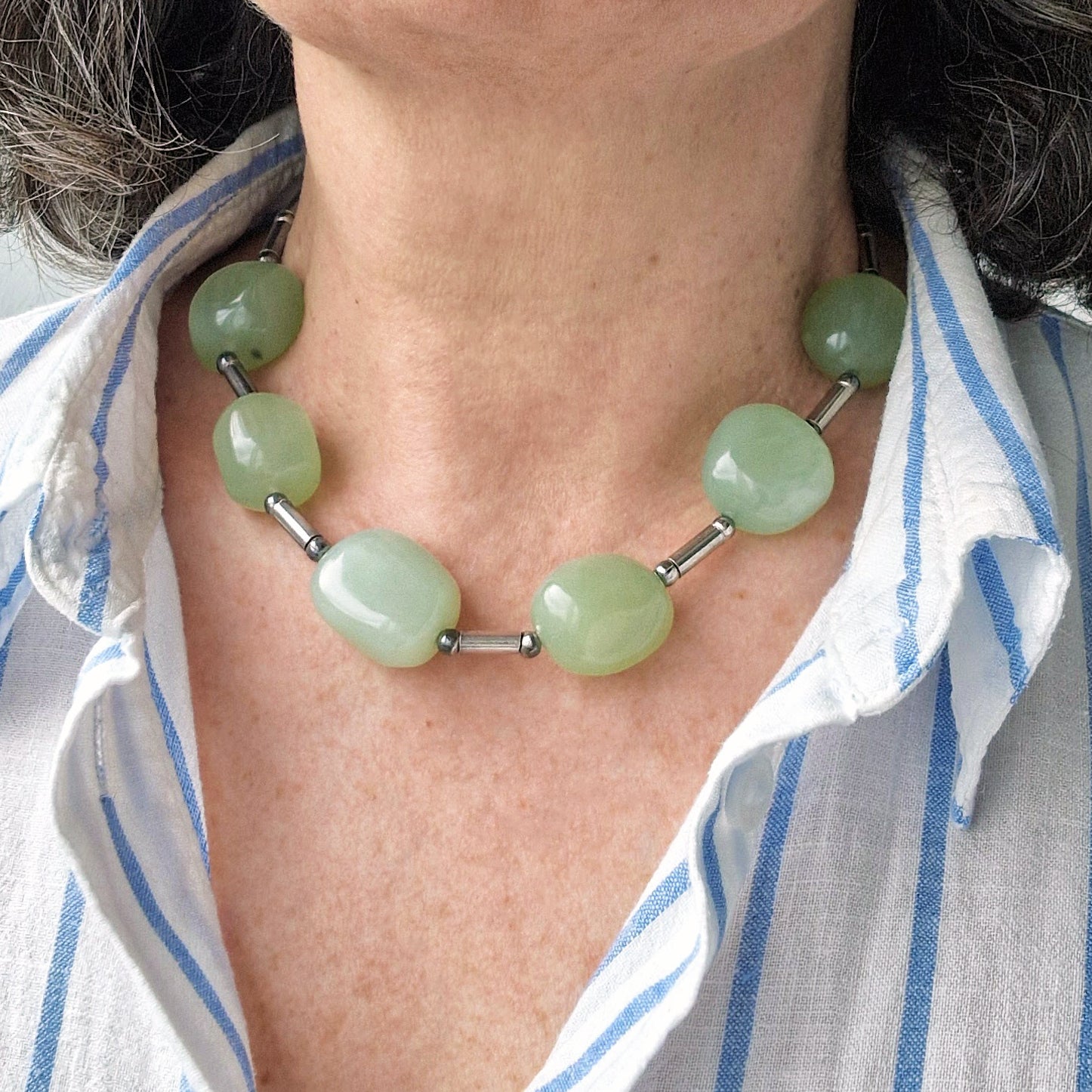 Vintage jade and silver choker necklace