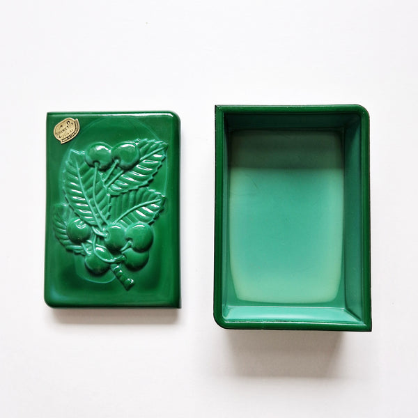 Vintage Bohemian Czech malachite glass trinket box with cherries