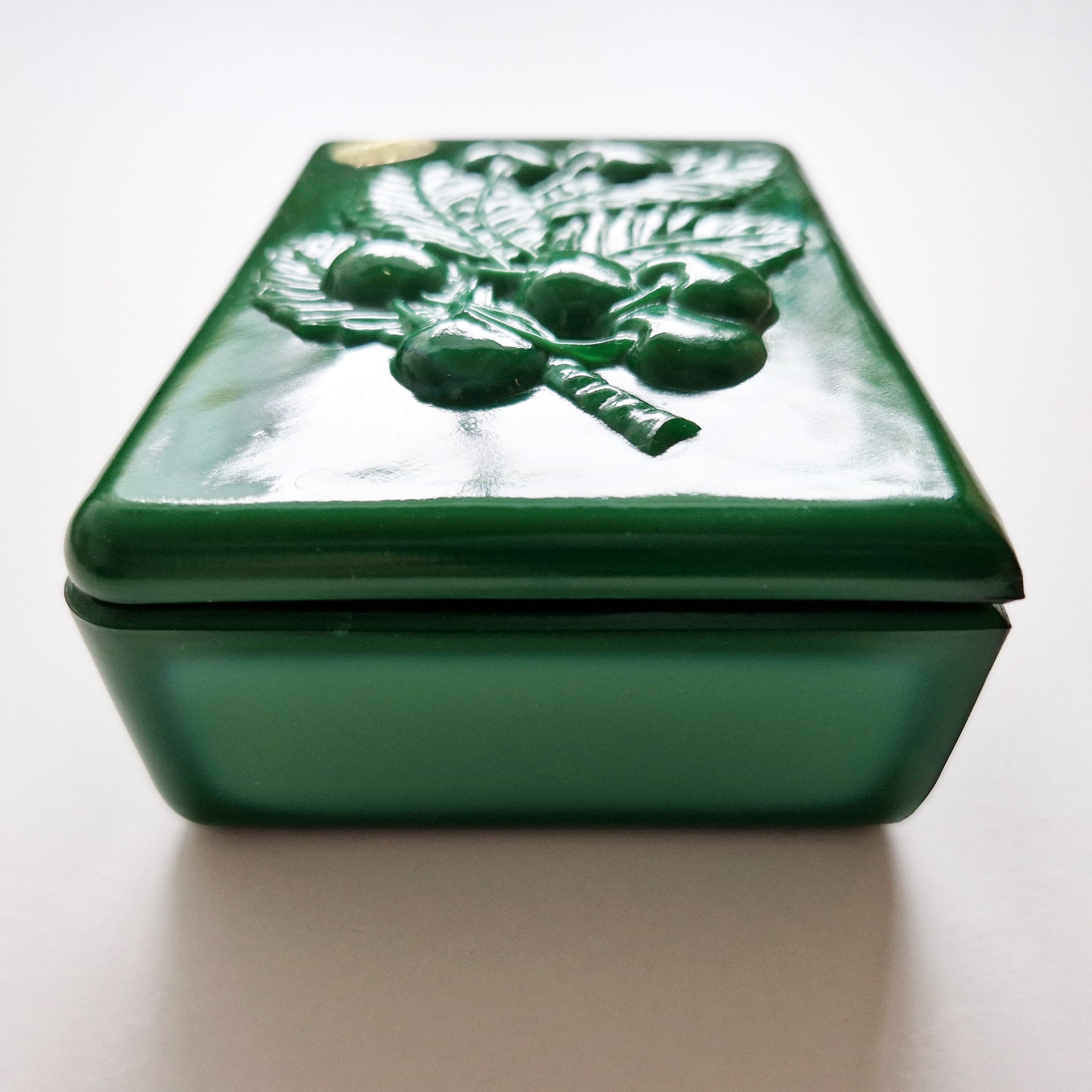 Vintage Bohemian Czech malachite glass trinket box with cherries