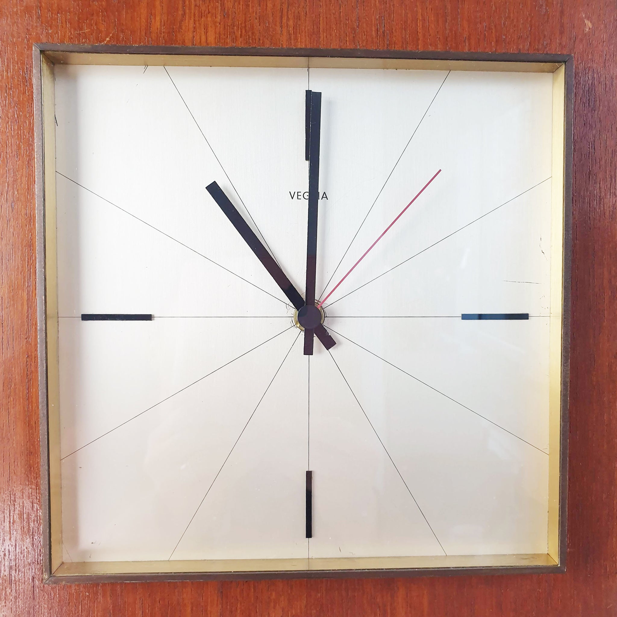 1960s wood and brass wall clock by Veglia